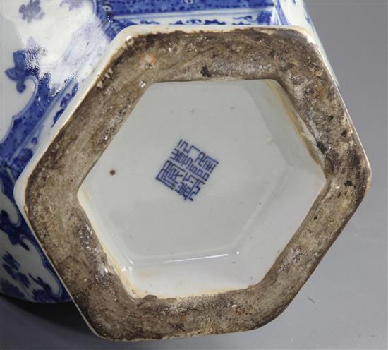 A pair of Chinese blue and white hexagonal baluster vases,